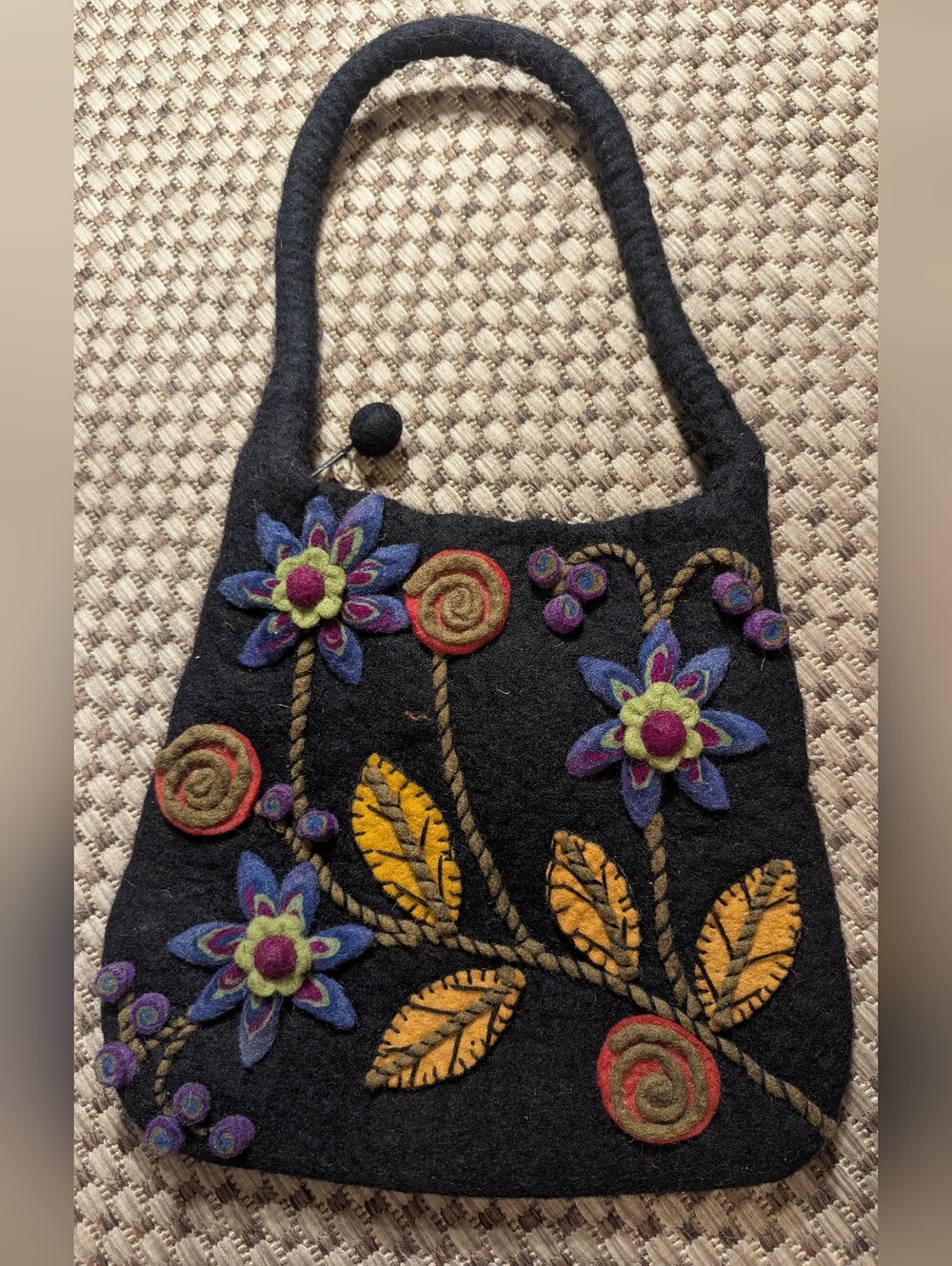 Rising Tide 100% Wool Flower and Vine Appliqué Shoulder Bag Purse Hippie Boho